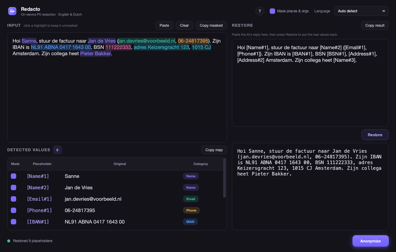 Redacto highlighting personal data in a message and restoring the real values in the AI reply